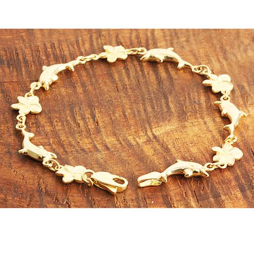 14k Yellow Gold Dolphin and Plumeria Bracelet