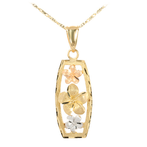 14K Tri-Color Gold Three Plumeria Vertical Pendant(L)