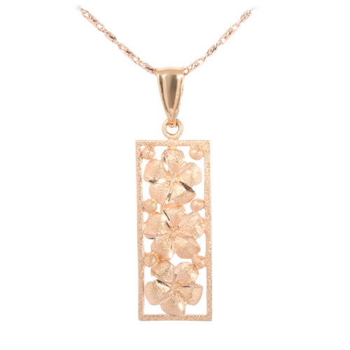 14K Pink Gold Three Plumeria Vertical Pendant