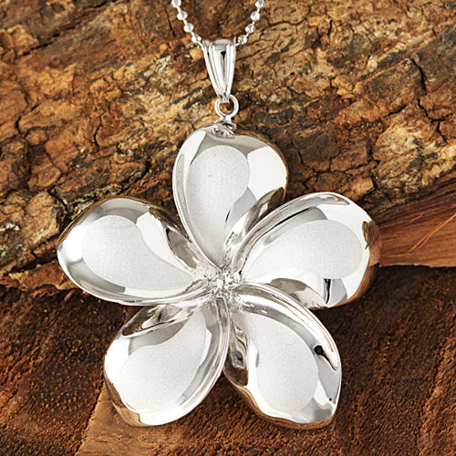 14K White Gold Plumeria Pendant 34mm