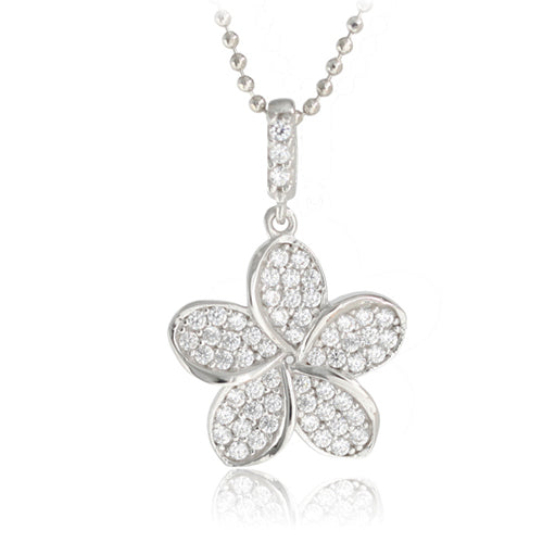 14K White Gold Plumeria Pendant 10mm with Clear CZ