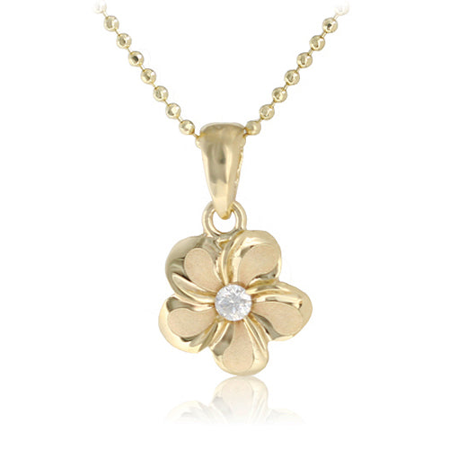 14K White Gold Plumeria Pendant 10mm with Clear CZ