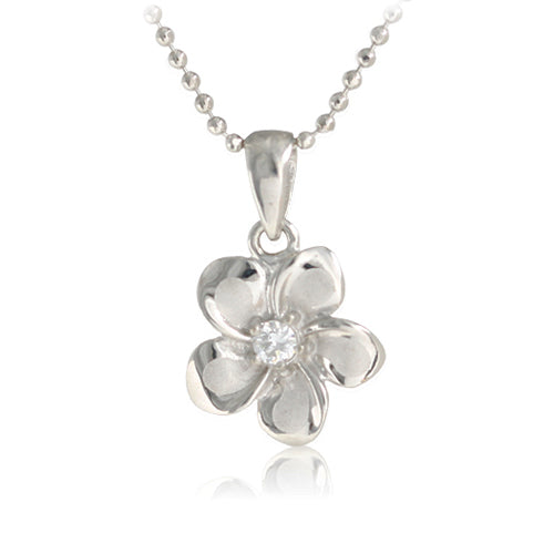 14K White Gold Plumeria Pendant 10mm with Clear CZ