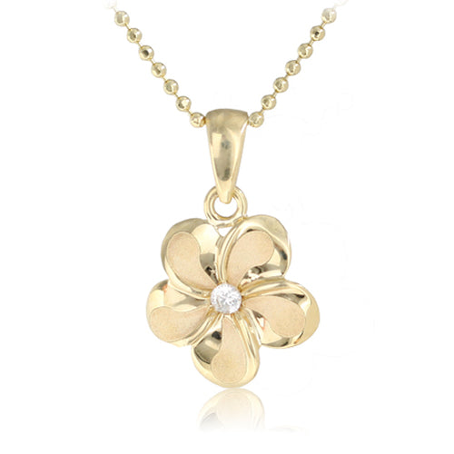 14K White Gold Plumeria Pendant 10mm with Clear CZ