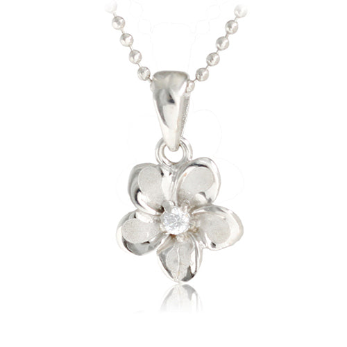 14K White Gold Plumeria Pendant 10mm with Clear CZ