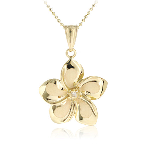 14K Yellow Gold Plumeria Pendant 18mm with Clear CZ