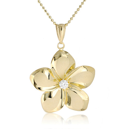 14K Pink Gold Plumeria Pendant 23mm with Clear CZ