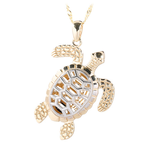 14K Two-Tone Yellow Gold and White Gold Sea Turtle (Honu) Pendant (Chain Sold Separately)