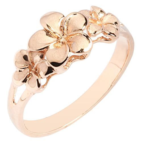 14K Rose Gold Triple Plumeria Ring Sandblast Polish Edge 6-8-6 - Hanalei Jeweler