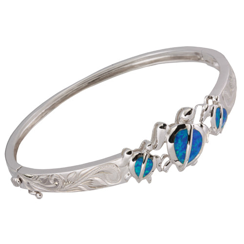 Sterling Silver Opal Inlay Honu Scrolling Engraving Bangle