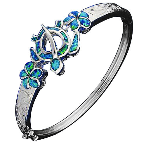 Sterling Silver Opal Inlay Honu Plumeria Scrolling Engraving Bangle