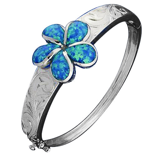 Sterling Silver Opal Inlay 25mm Plumeria Scrolling Engraving Bangle