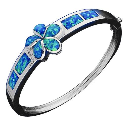 Sterling Silver Opal Inlay 18mm Plumeria Bangle