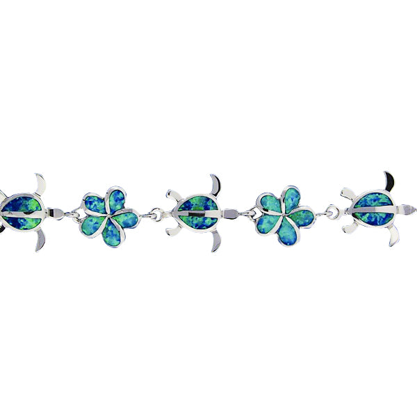 Sterling Silver Opal Inlay 12mm Plumeria + Honu(M) Bracelet
