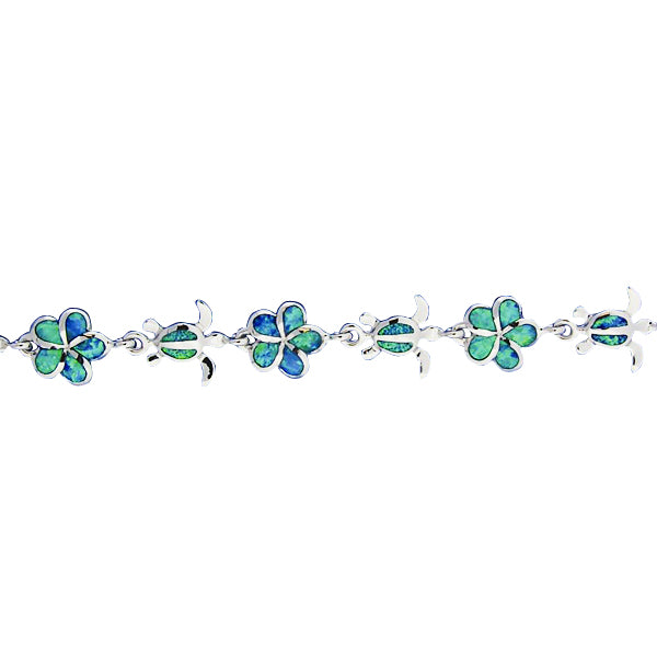 Sterling Silver Opal Inlay 10mm Plumeria + Honu(S) Bracelet