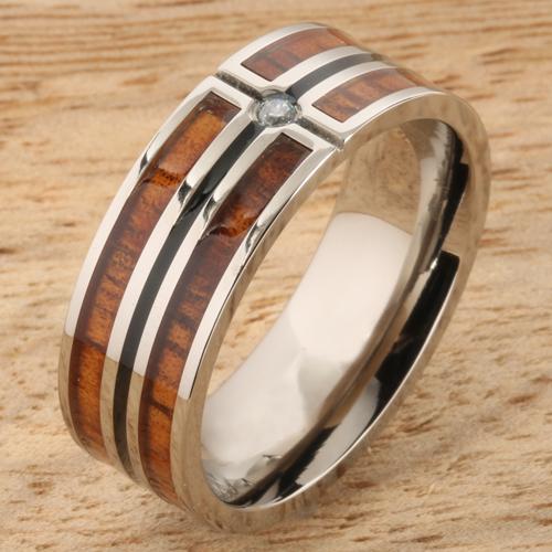 Koa Wood Titanium Wedding Ring with CZ Inlaid Mens Ring 8mm