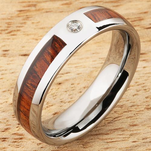 6mm Natural Hawaiian Koa Wood Inlaid Tungsten with CZ Oval Wedding Ring