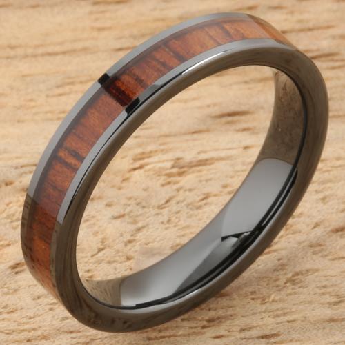 Natural Hawaiian Koa Wood Inlaid High Tech Black Ceramic Wedding Ring Flat 4mm Hawaiian Ring
