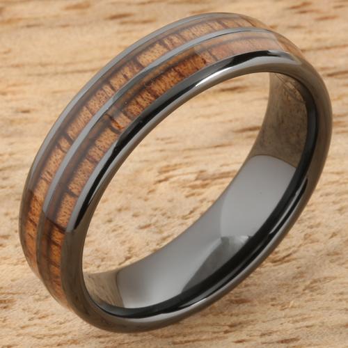 6mm Natural Hawaiian Koa Wood Inlaid High Tech Black Ceramic Double Row Wedding Ring