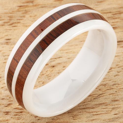 8mm Natural Hawaiian Koa Wood Inlaid High Tech White Ceramic Double Row Wedding Ring