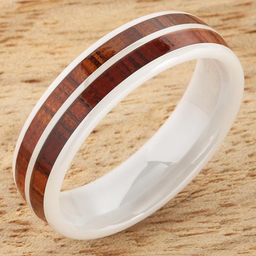 6mm Natural Hawaiian Koa Wood Inlaid High Tech White Ceramic Double Row Wedding Ring