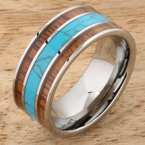 Koa Wood Turquoise Wedding Ring Flat Mens Ring 10mm Flat Shape Hawaiian Ring