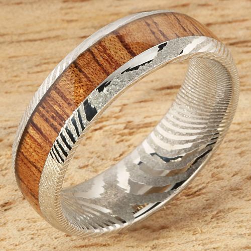 Damascus Steel Koa Wood Inlay Wedding Ring 6mm
