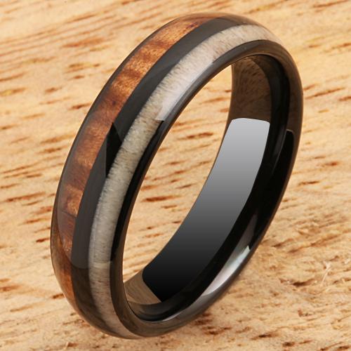Koa Wood Antler Tungsten Wedding Ring 6mm Barrel Shape Hawaiian Ring
