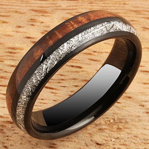 Koa Wood Meteorite Tungsten Wedding Ring 6mm Barrel Shape Hawaiian Ring