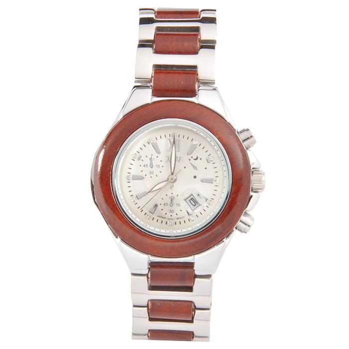 Ladies Wooden Watch Rose Wood and Stainless Steel Bracelet CZ Dial - Makani Hawaii Jeweler